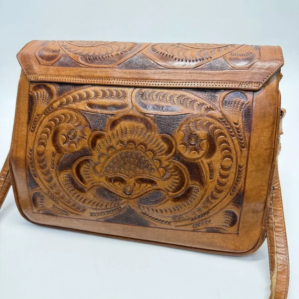 Vintage Hand Tooled Leather Shoulder Bag Made In Mexico Rose Flower - Picture 8 of 16